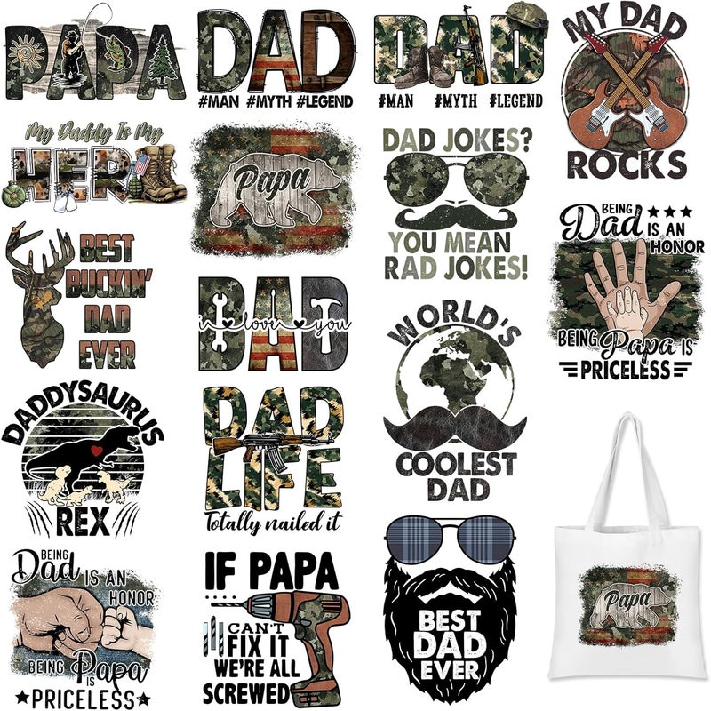 HTVSTD 16 Sheets Father's Day Iron on Transfers DTF Transfers Ready to Press Camo Papa Iron on Decals for T-Shirts Retro Camo Dad Heat Transfer Vinyl Iron on Decals for DIY Patches Decals - Image 1
